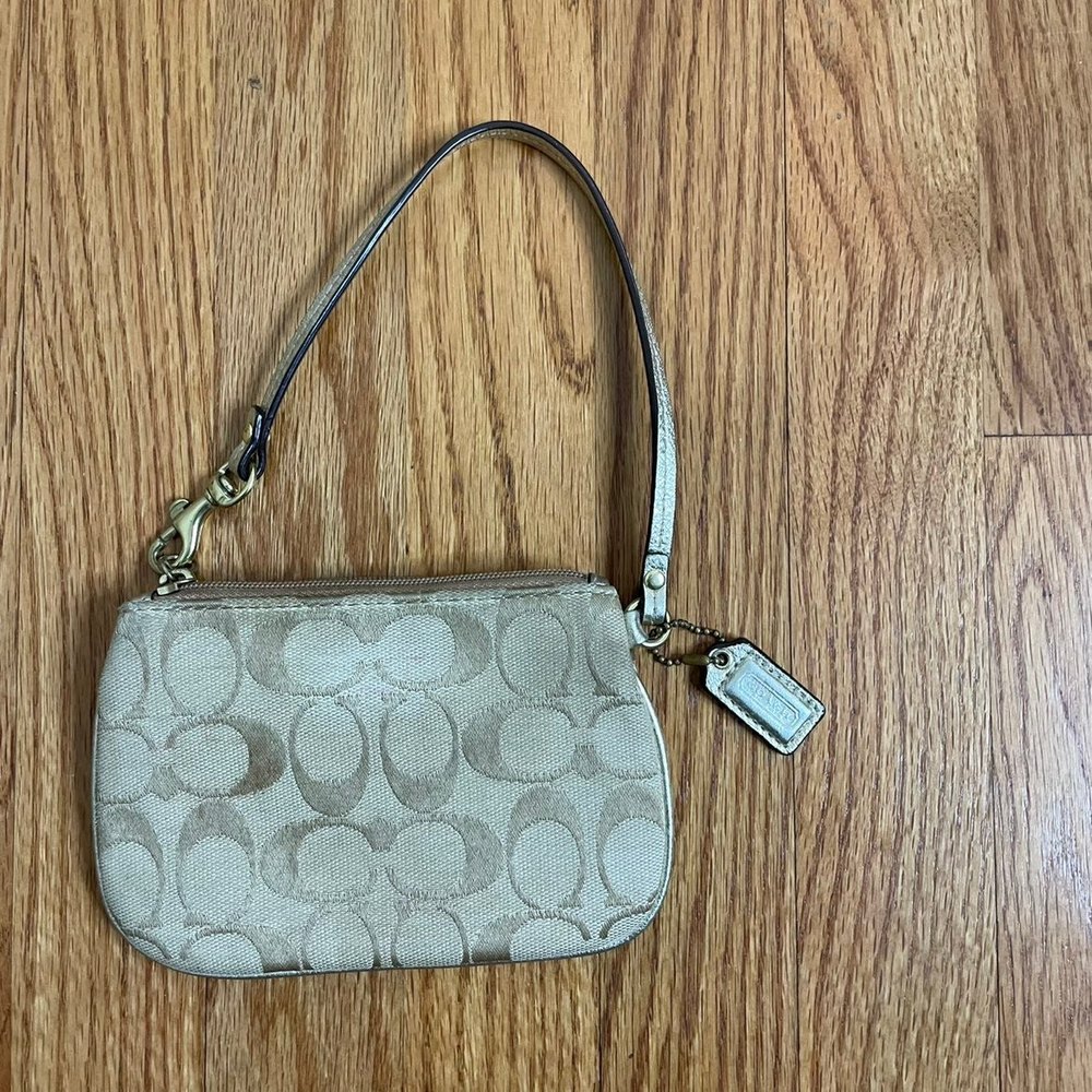 COACH Signature Monogram Small Wristlet Tan Beige - Picture 7 of 12
